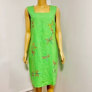 Betsy Lauren Green Linen Blend Dragonfly Embroidered Sheath Dress Size 14